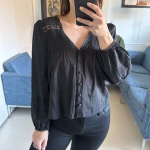 Reformation Long Sleeve V-Neck Button up Pleated Blouse Black XS